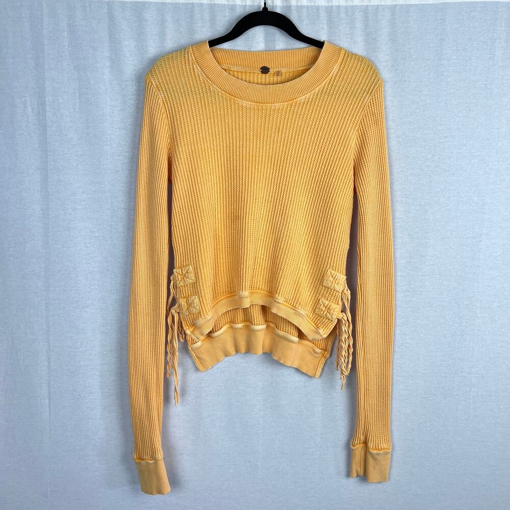 Free People One Top Cropped Interlaken Thermal Waffle Yellow Boho Lounge Cozy - Picture 3 of 8